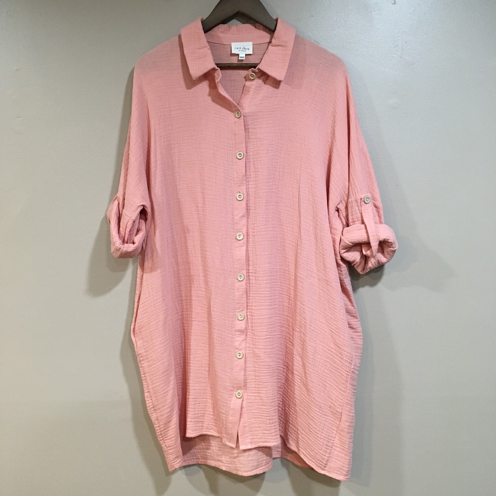 Cotton Gauze Button Down Shirt Dress Sz L Coral Orange Coastal Beach Coverup